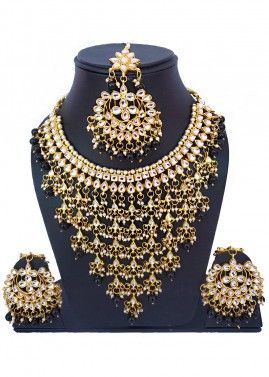 Golden Black Pearl and Kundan Necklace Set