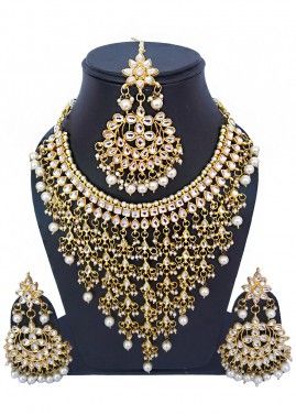 Golden White Kundan and Pearl Necklace Set