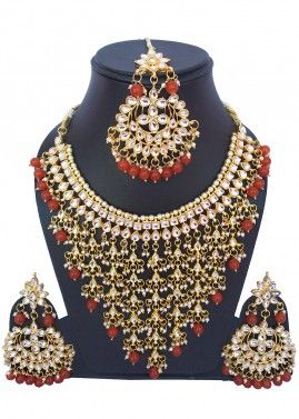 Golden Red Pearl and Kundan Necklace Set