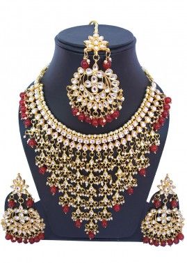 Golden Maroon Pearl and Kundan Necklace Set