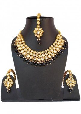 Golden Black Stone Studded Kundan Necklace Set