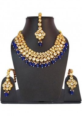 Golden Blue Stone Studded Kundan Necklace Set