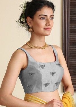 Grey Readymade Embroidered Dupion Silk Blouse