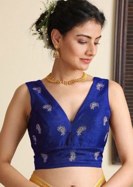Readymade Blue Embroidered Dupion Silk Blouse
