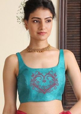 Turquoise Dupion Silk Embroidered Blouse