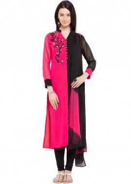 Readymade Pink & Black Georgette Straight Cut Suit