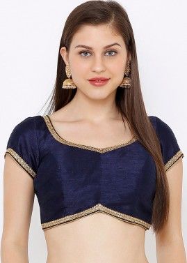 Blue Readymade Embroidered Blouse In Dupion Silk