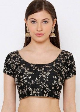 Black Readymade Blouse With Floral Zari Embroidery