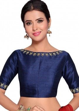 Blue Readymade Blouse With Embroidered Border