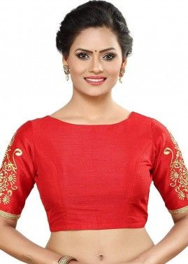 Red Readymade Blouse With Heavy Embroidered Sleeves