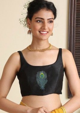 Black Readymade Blouse With Thread Embroidery