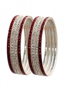 Stone Studded Silver and Maroon Bangle Set