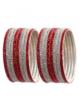 Stone Studded Red and Silver Bangle Set
