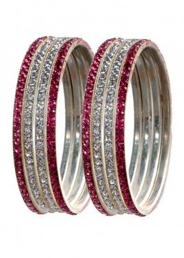 Stone Studded Maroon and Silver Bangle Set