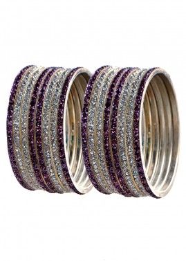 Stone Studded Purple and Silver Bangle Set