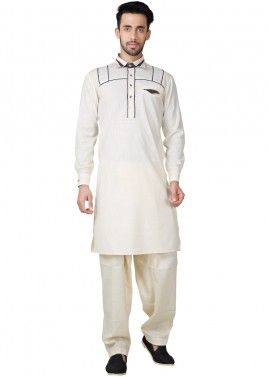 Readymade Cream Linen Pathani Suit Set