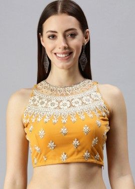 Yellow Stone Embellished Readymade Blouse In Net