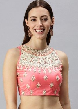 Pink Readymade Net Blouse With Stone Work