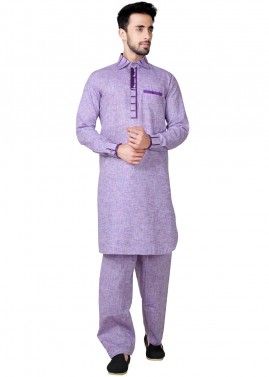 Readymade Purple Linen Pathani Suit Set