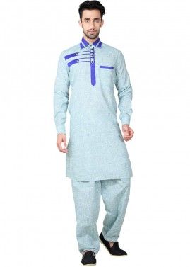Readymade Blue Linen Pathani Suit Set