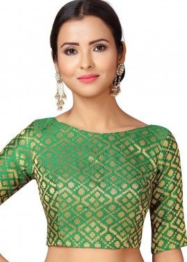 Brocade Boat Neck Blouse In Green