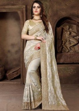 Cream Zari Embroidered Silk Wedding Saree