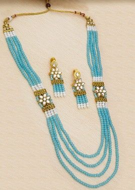 Blue and White Pearl Beaded Layered Necklace Set
