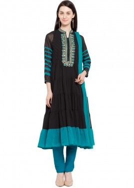 Black Readymade Faux Georgette Tiered Suit