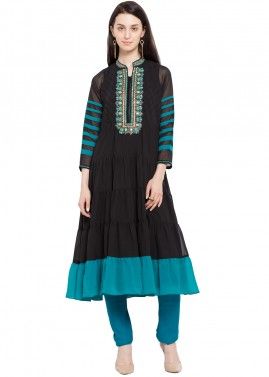 Black Readymade Faux Georgette Tiered Tunic