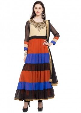 Readymade Multicolored Faux Georgette Tiered Suit