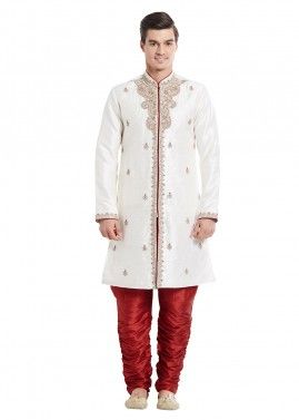 White Art Silk Sherwani Breeches Readymade Set