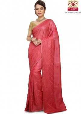 Pink Pure Tussar Silk Saree with Blouse