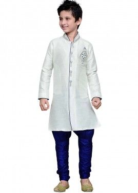 Readymade White Art Silk Kids Kurta Pajama