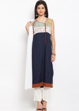 Blue Readymade Cotton Suit With Pant
