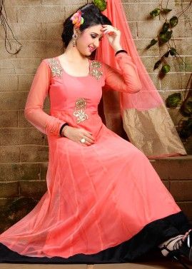 Readymade Peach Net Anarkali Embroidered Suit