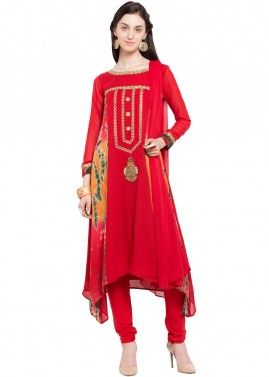 Readymade Red Asymmetric Georgette Salwar Suit