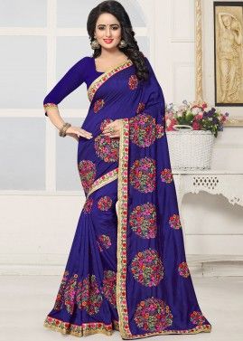 Blue Embroidered Georgette Saree with Blouse