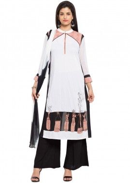 Readymade White Cotton Palazzo Suit in Patch Work