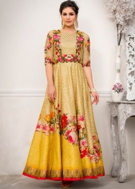 Yellow Digital Printed Art Silk Gown