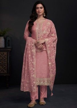Pink Embroidered Pant Suit Set In Organza