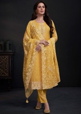 Yellow Embroidered Pant Suit Set In Organza