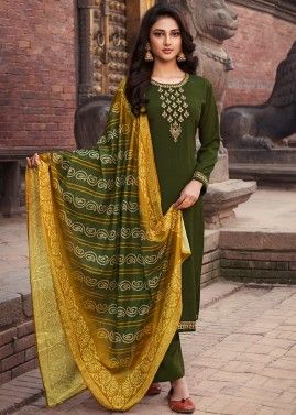 Green Embroidered Straight Cut Palazzo Suit