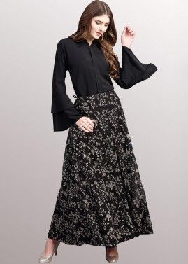Black Crepe Readymade Shirt With Skirt
