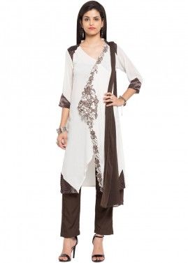 Readymade White Cotton Pant Suit with Dupatta