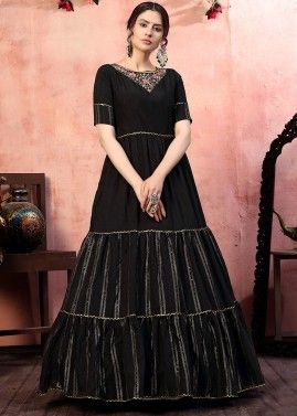 Black Silk Embroidered Tiered Style Gown 