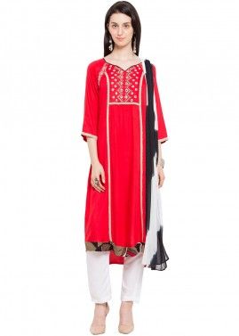 Readymade Red Cotton Pant Suit with Dupatta
