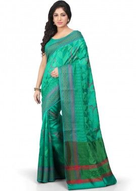 Teal Green Woven Pure Silk Saree with Blouse