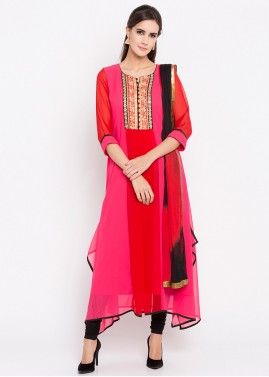Fuchsia Pink Embroidered Asymmetrical Georgette Suit