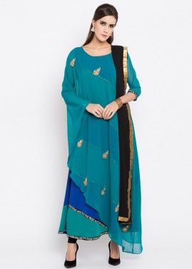 Teal Blue Embroidered Twin Layered Georgette Suit