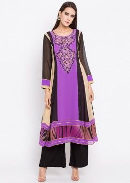 Multicolour Embroidered Long Kurta In Georgette